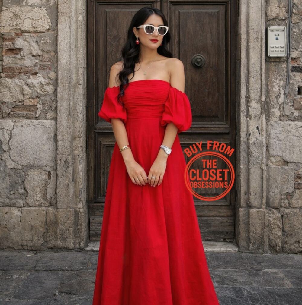 Mango Red Poplin Midi Dress NWT Off Shoulder Puff Sleeve Cotton Size 6